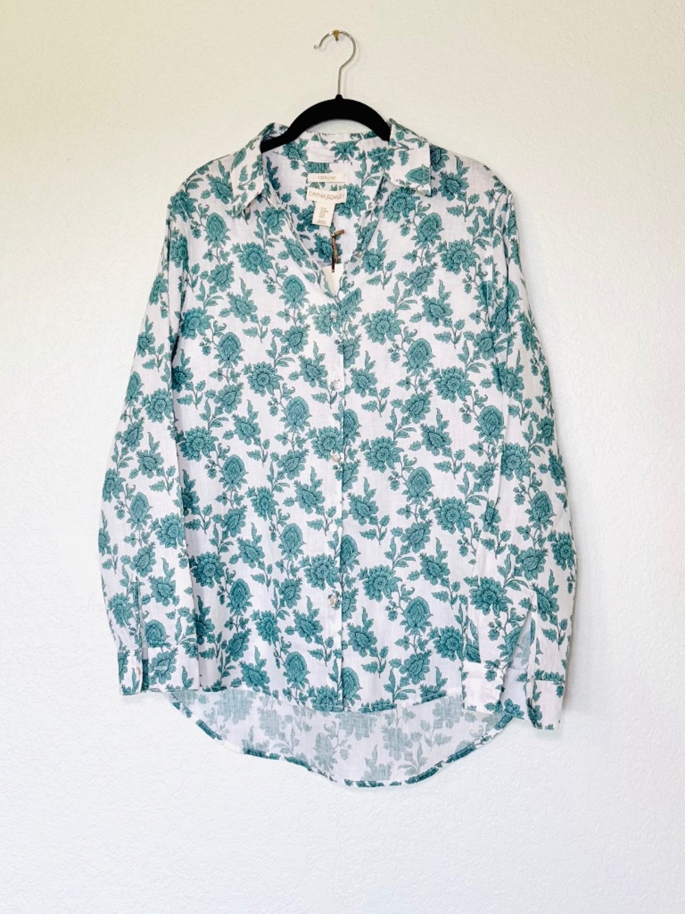 Cynthia Rowley Shirt Womens M 100% Linen Button Machine Washable Floral Teal New
